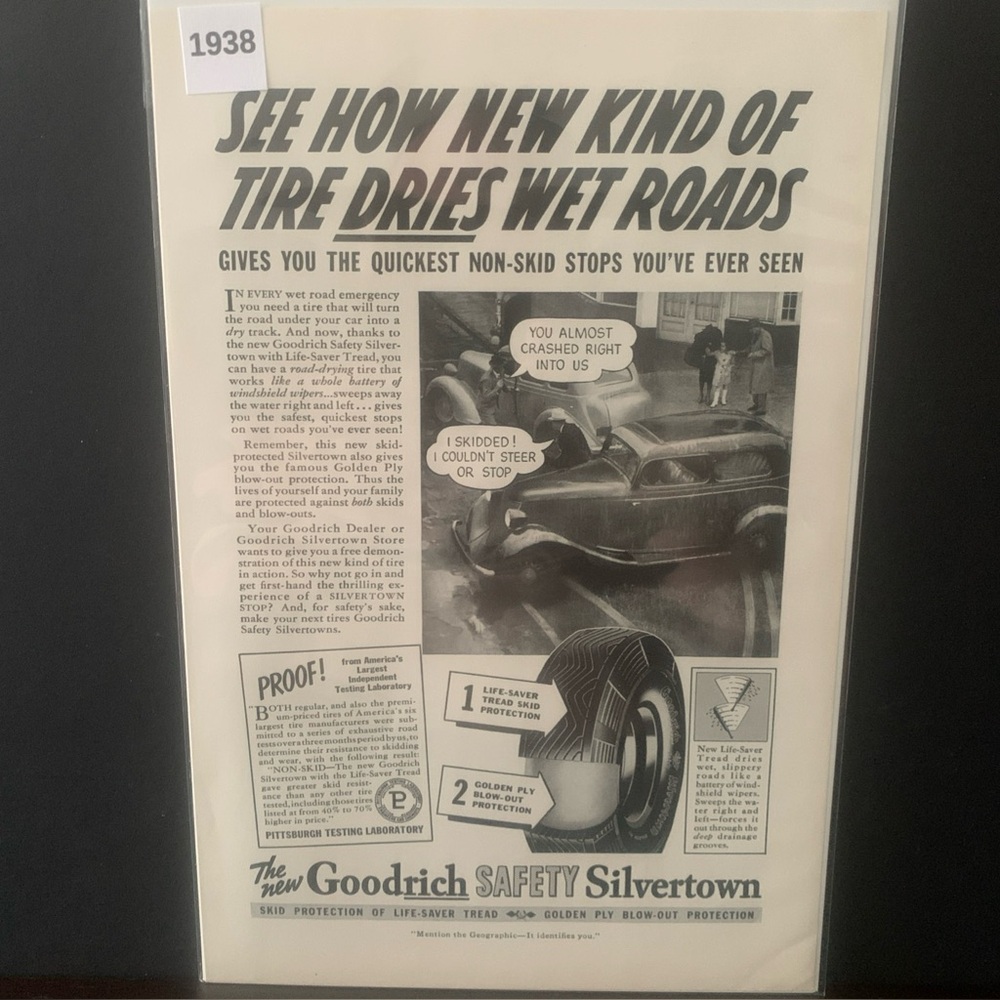 Vintage 1938 Goodrich Safety Silvertown New Kind of Tire Dries Ad Advertisement